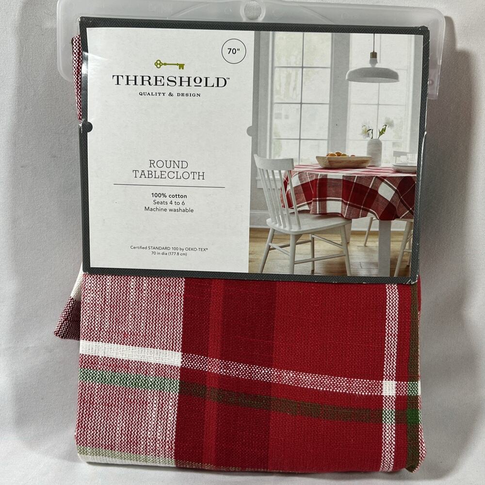 Threshold Round Tablecloth 100% Cotton Red White Green Plaid Holiday Christmas